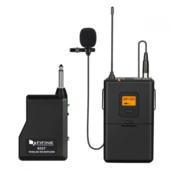 

Микрофон беспроводной, петличный Fifine K037 с ветрозащитой + XLR разъемом + передатчик с дисплеем Черный