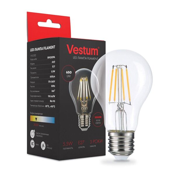 

Лампа светодиодная Vestum LED филамент А60 Е27 5,5Вт 220V 3000К