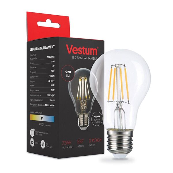 

Лампа светодиодная Vestum LED филамент А60 Е27 7,5Вт 220V 4100К