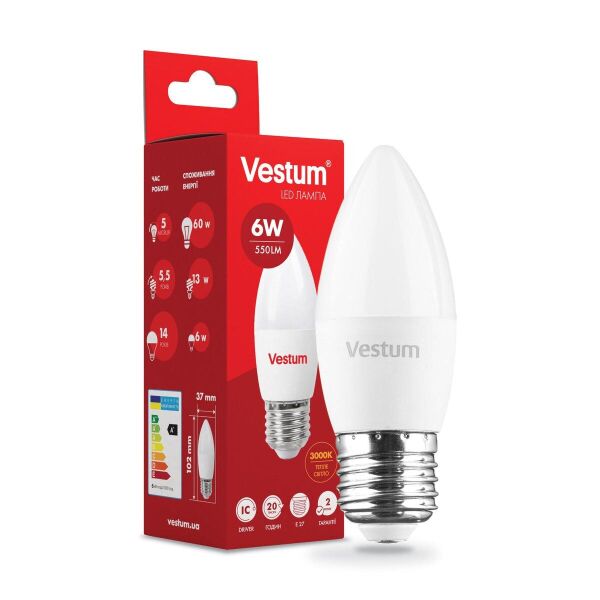 

Лампа светодиодная Vestum LED C37 6W 3000K 220V E27
