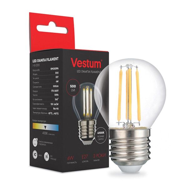 

Лампа светодиодная Vestum LED филамент G45 Е27 4Вт 220V 4100К