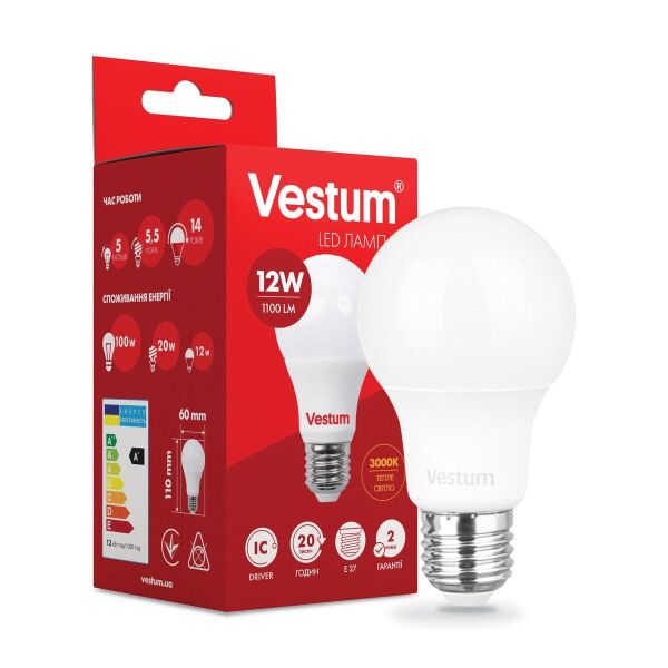 

Лампа светодиодная Vestum LED A60 12W 3000K 220V E27