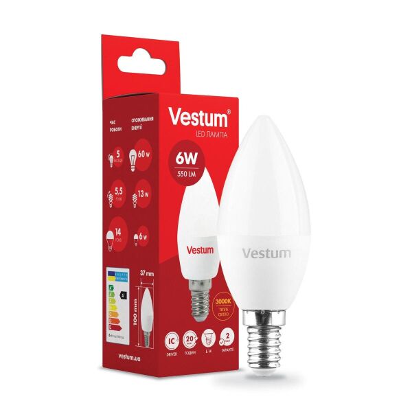 

Лампа светодиодная Vestum LED C37 6W 3000K 220V E14