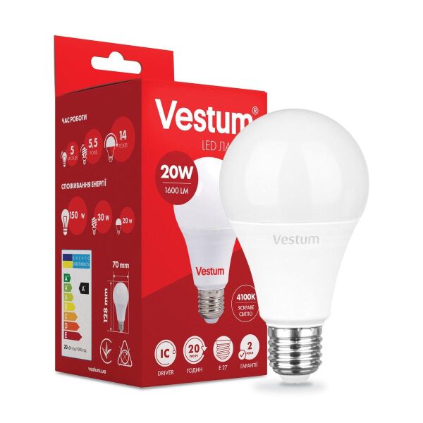 

Лампа светодиодная Vestum LED A70 20W 4100K 220V E27