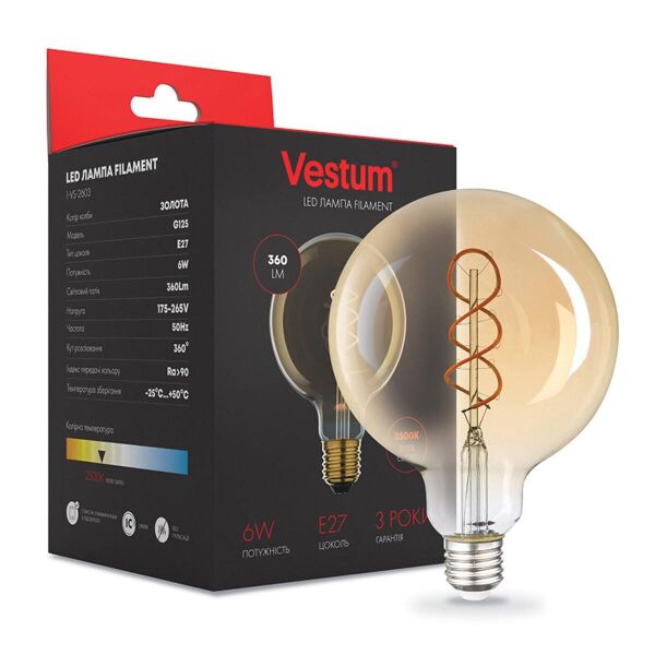 

Лампа светодиодная Vestum LED филамент ";винтаж"; golden twist G125 Е27 6Вт 220V 2500К