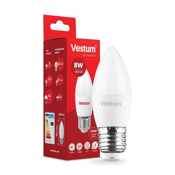 

Лампа светодиодная Vestum LED C37 8W 4100K 220V E27