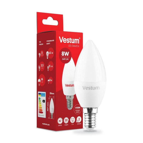

Лампа светодиодная Vestum LED C37 8W 4100K 220V E14