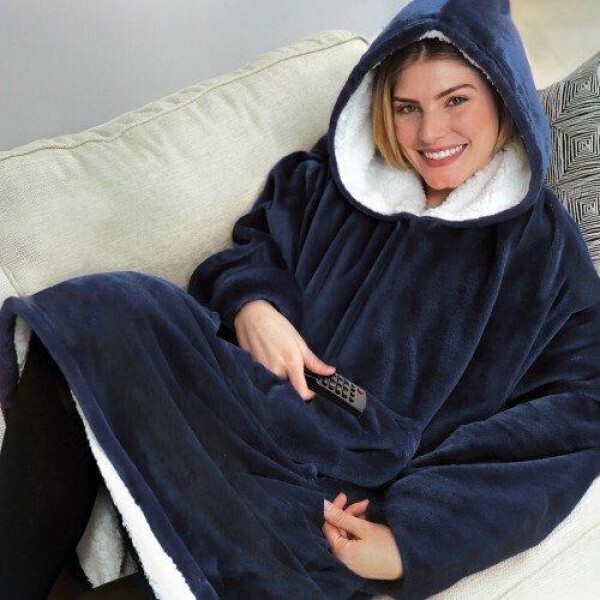 

Толстовка плед с капюшоном и рукавами унисекс двухсторонняя халат Huggle Hoodie синий