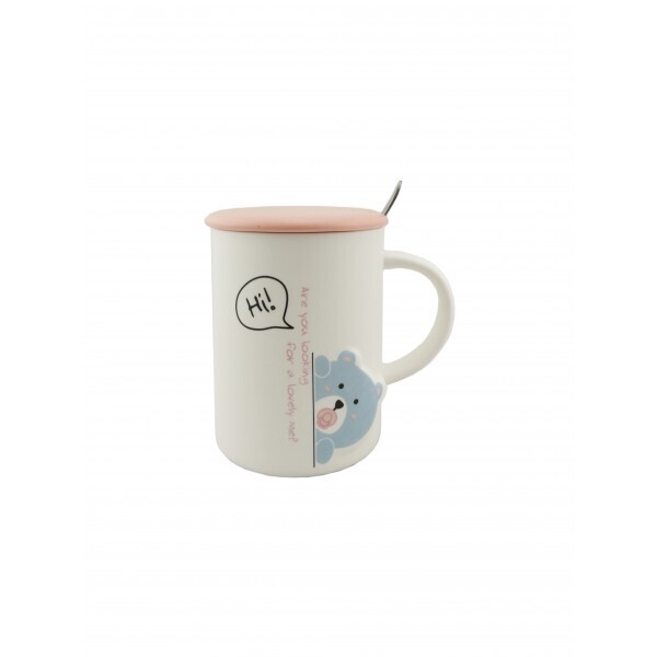 

Чашка с крышкой и ложкой Мишка white-pink 350мл (556)