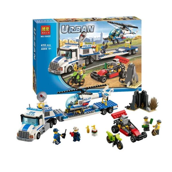 

Конструктор для мальчиков Перевозчик вертолета: полицейский грузовик, вертолет, джип - 410 деталей, 4 фигурки - Bela Urban