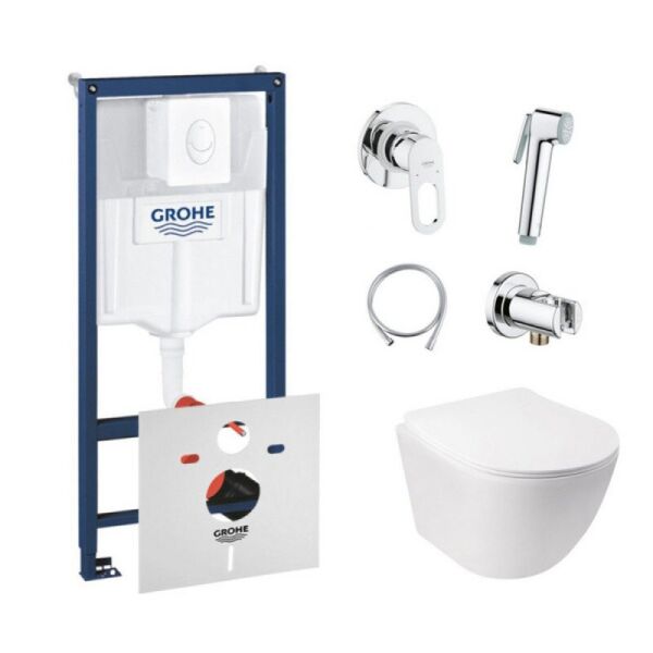 

Комплект инсталляция Grohe Rapid SL 38722001 + унитаз с сиденьем Qtap Jay QT07335176W + набор для гигиенического душа со смесителем Grohe BauLoop 111042, Белый