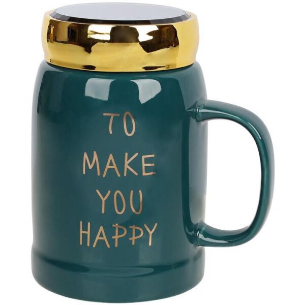

Кружка фарфоровая "To make you happy" 550мл с крышкой, изумрудный цвет