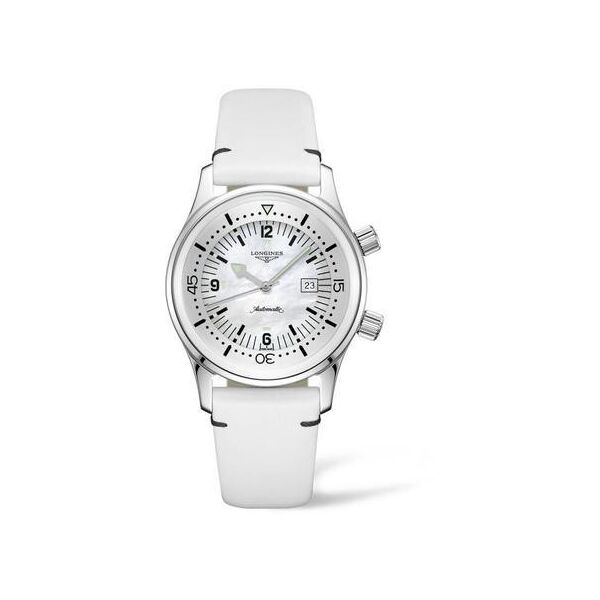 

Часы наручные женские LONGINES LEGEND DIVER L3.374.4.80.0 дайверские на белом кожаном ремешке