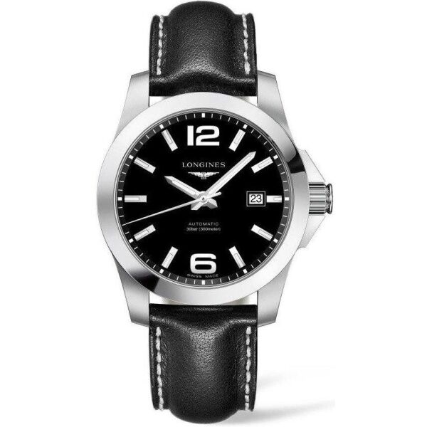 

Часы наручные мужские LONGINES CONQUEST L3.777.4.58.0 кварцевые, черный кожаный ремешок, водозащита 300WR