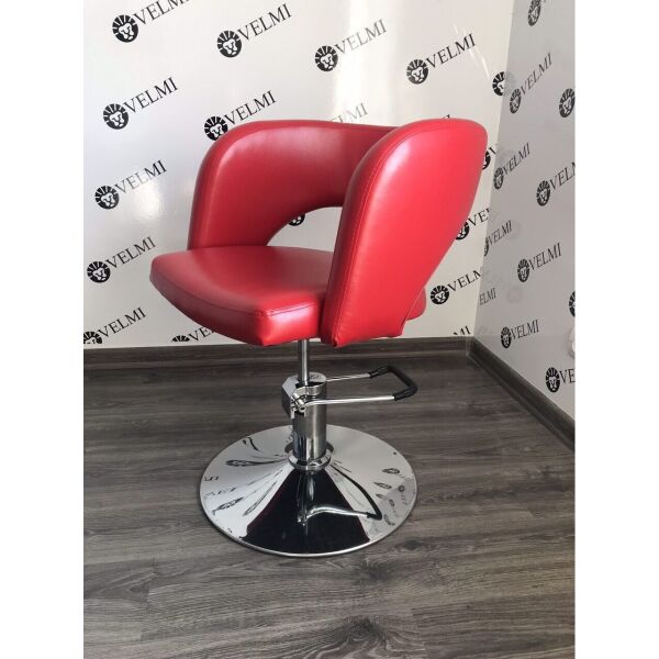 

Кресло парикмахерское Den на пневматике Хром Диск, КЗ Zeus Red (Velmi TM)