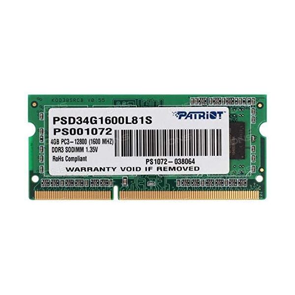 

Оперативна пам'ять Patriot DDR3L SL 4GB 1600 MHz CL11 SODIMM (PSD34G1600L81S)