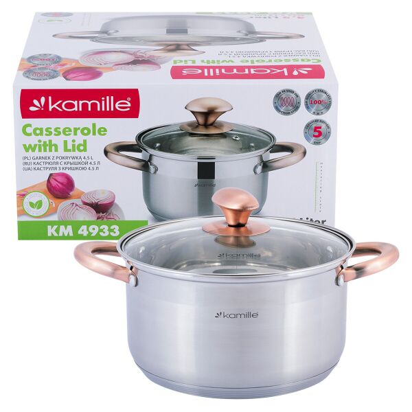 

Кастрюля с крышкой Kamille 4.5л из нержавеющей стали и полыми ручками для индукции и газа KM-4933