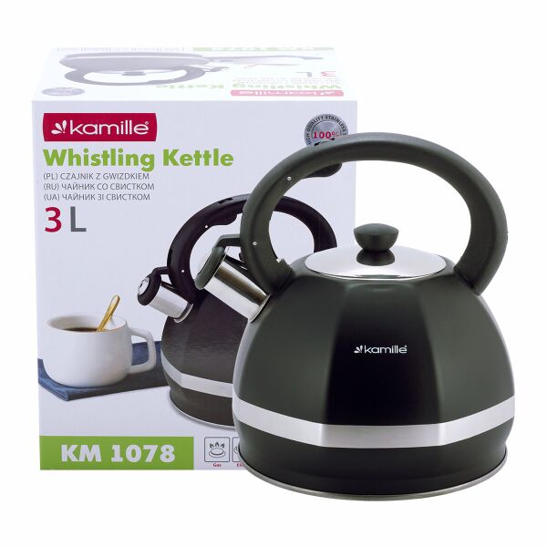 

Чайник Kamille 3л из нержавеющей стали со свистком и нейлоновой ручкой для индукции и газа KM-1078