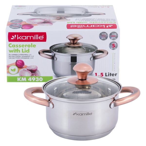 

Кастрюля с крышкой Kamille 1.5л из нержавеющей стали и полыми ручками для индукции и газа KM-4930