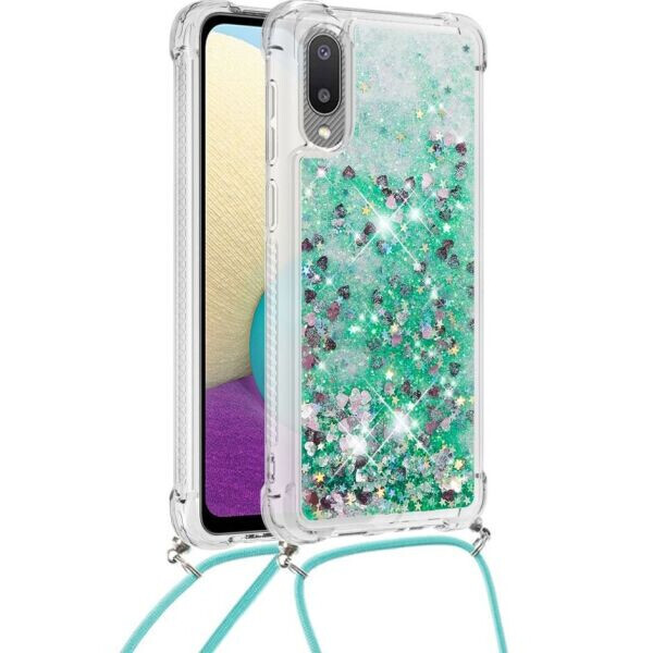 

Силиконовая накладка Deexe Liquid Glitter with Strap для Samsung Galaxy A02 (A022) - Green Hearts