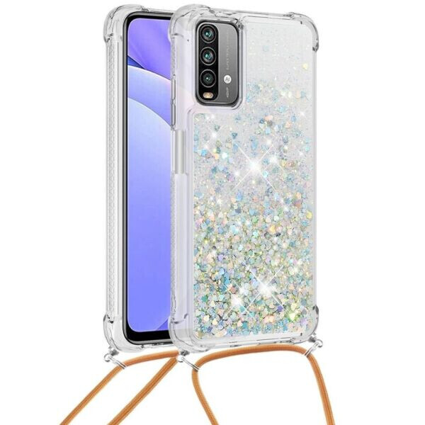 

Силиконовая накладка Deexe Liquid Glitter with Strap для Xiaomi Redmi 9T - Silver Heart