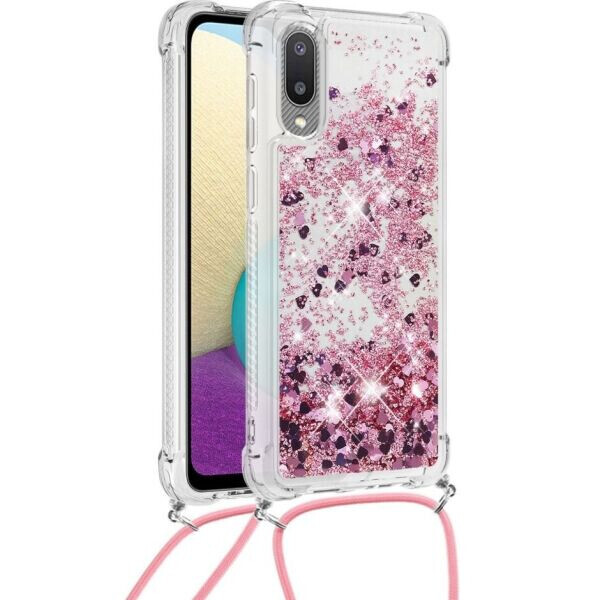 

Силиконовая накладка Deexe Liquid Glitter with Strap для Samsung Galaxy A02 (A022) - Rose Gold Hearts