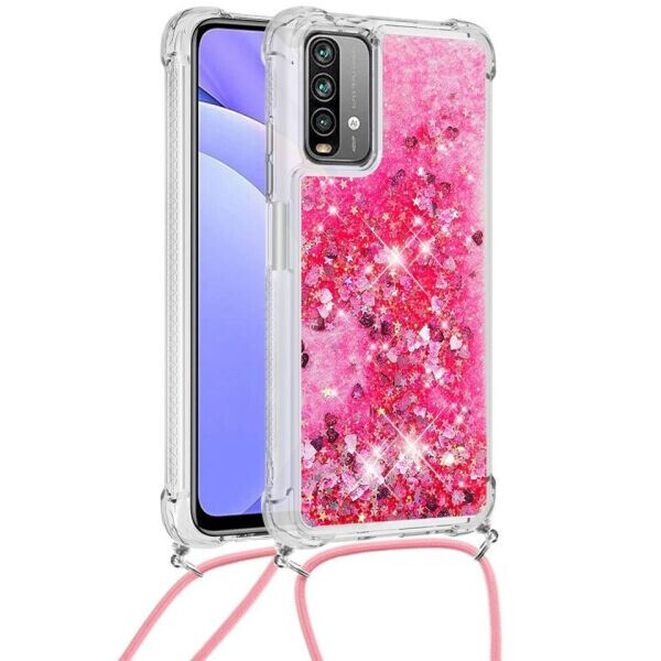 

Силиконовая накладка Deexe Liquid Glitter with Strap для Xiaomi Redmi 9T - Pink Heart
