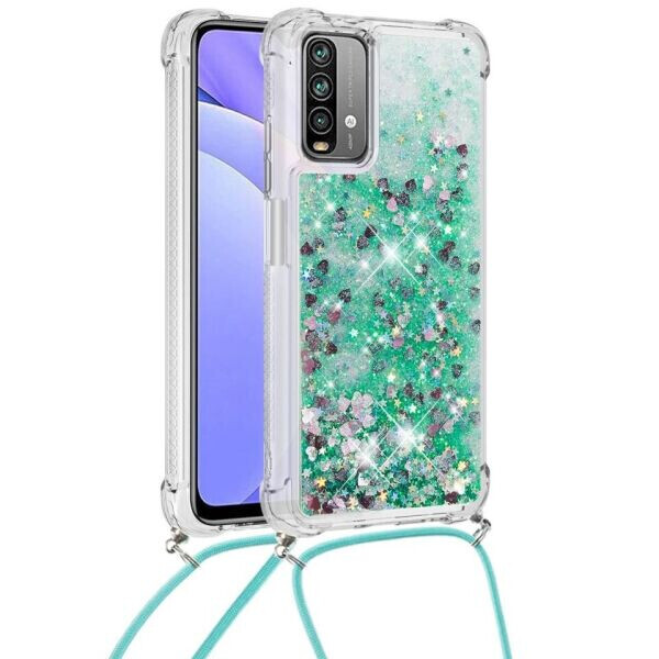 

Силиконовая накладка Deexe Liquid Glitter with Strap для Xiaomi Redmi 9T - Green Heart
