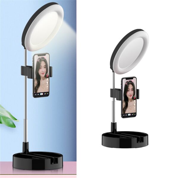

Настольное зеркало с подсветкой LED для макияжа круглое 16 см Live Makeup G3 Лампа с держателем для смартфона черная KLD-787