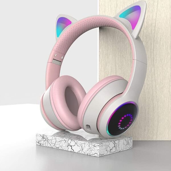

Беспроводные bluetooth наушники с ушками кошки светящиеся AKZ-K26 RR-99 Бело серые