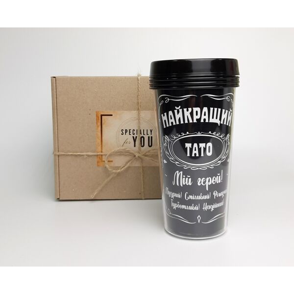 

Стакан для кофе take away c двойными стенками "Лучший папа" (укр) в крафтовой коробке с декоративной стружкой