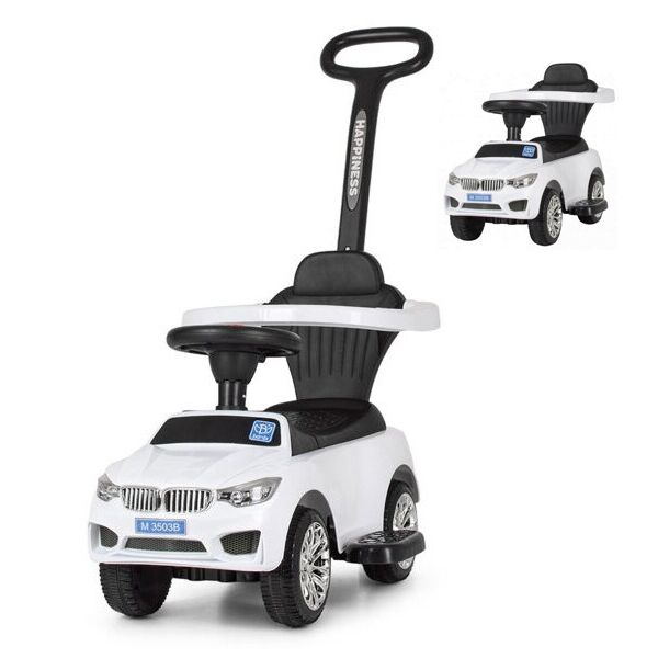 

Каталка-толокар чудомобиль детская машинка с бампером и родительской ручкой (618842) Белый