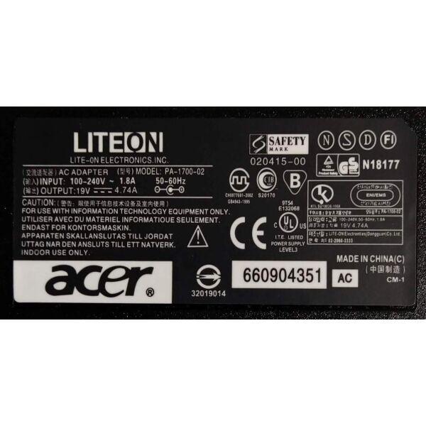 

Зарядное устройство для ноутбука ACER LITEON 19V/4,74А