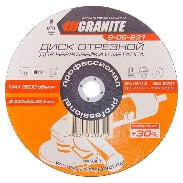

Диск отрезной по металлу Granite - 230 х 2,0 х 22,2 мм + 30%(8-06-231)