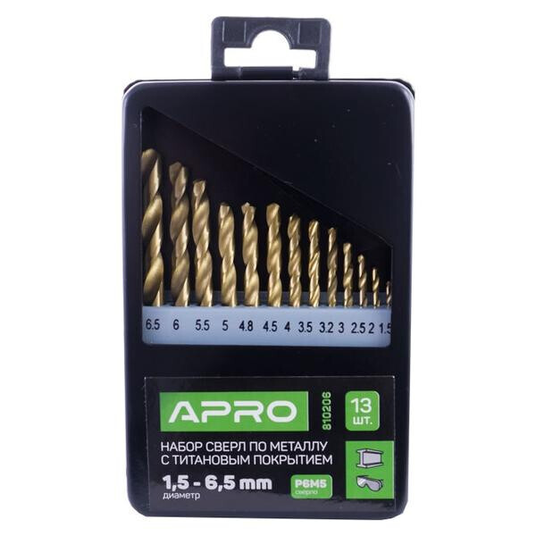 

Набор сверл по металлу Apro - 13 шт. (1,5-6,5 мм) титан(810206)