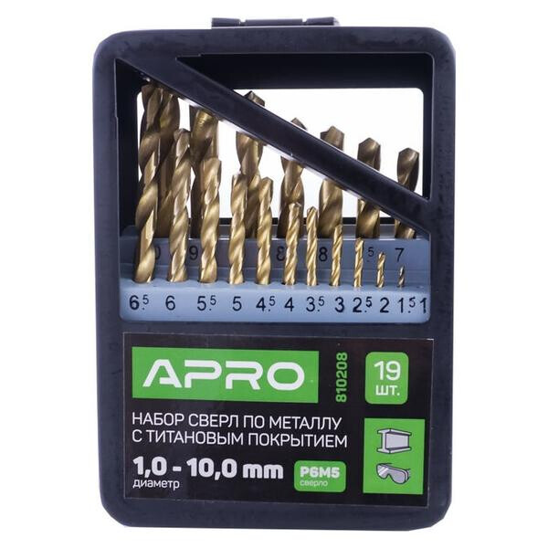 

Набор сверл по металлу Apro - 19 шт. (1-10 мм) титан(810208)