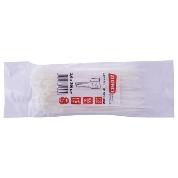 

Хомут пластиковый Apro - 3,6 x 200 мм белый (100 шт.)(CT-W36200)