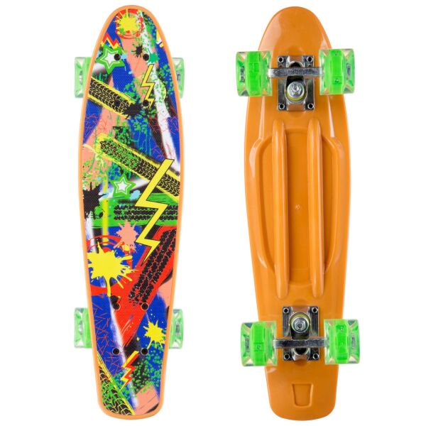 

Скейт пенни борд Tilly Penny Board Cruiser Profi 881 Оранжевый/Зеленый с принтом и со светящимися колесами