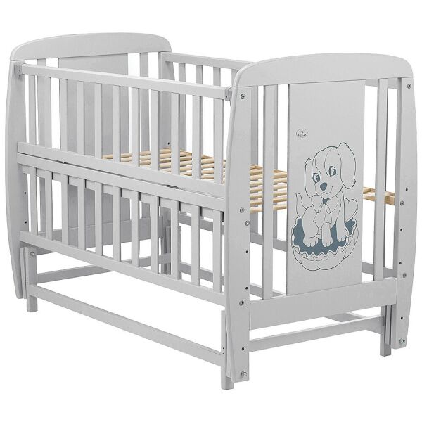 

Кроватка детская из бука Собачка с откидной боковой стенкой и маятником. Babyroom DSMO-02 Серая