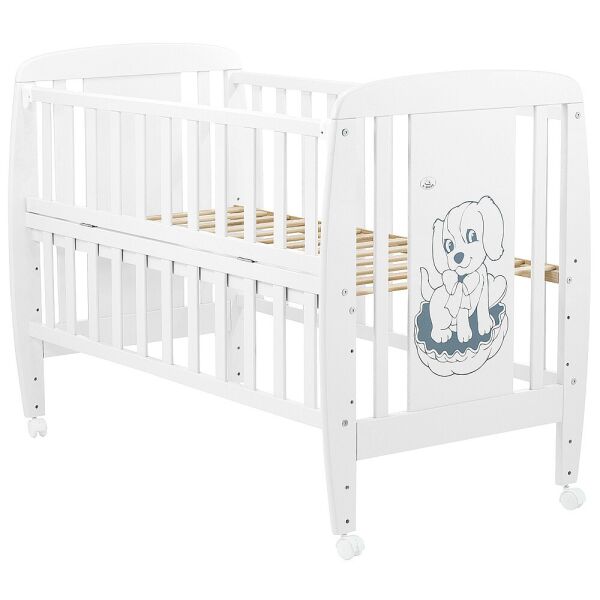 

Кроватка детская из бука Собачка с откидной боковой стенкой на колесиках. Babyroom DSO-01 Белая