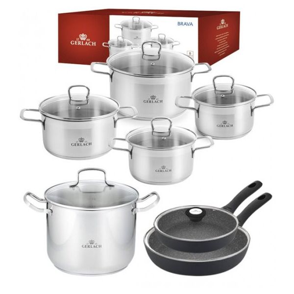 

Gerlach Brava Komplet Garnki Z Pokrywkami 8 El Garnek Simple 7 L + Patelnie Granitex 20 28 Cm Oryginalne