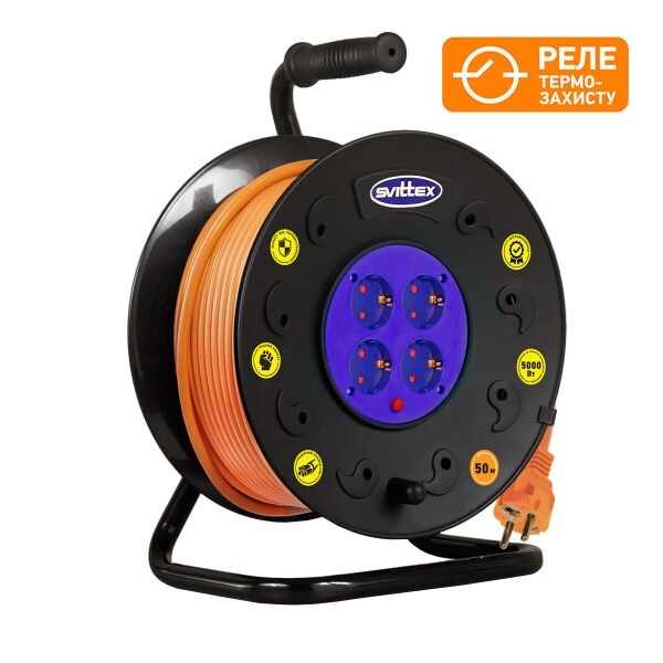 

Удлинитель SVITTEX на катушке 40м с заземлением, сечением провода 3х1,5 мм² и термозащитой