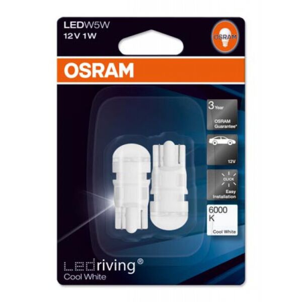 

OSRAM W5W (W2) 12V Светодиодные авто лампы. 1X9,5D 1W 6000K