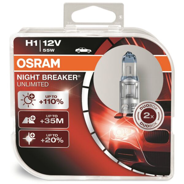 

Комплект авто лампы OSRAM H1 55W 12V +110% Оригинал с гарантией!Night Breaker Unlimited P14.5S 10X2 HardDuopet