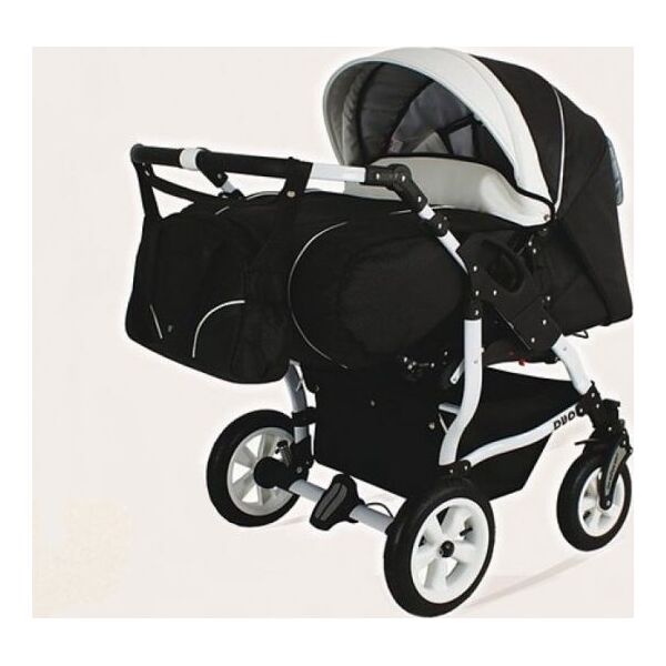 

Коляска для двойни Adbor Duo Stars Черный/Белый с принтом с чехлами для ножек и дождевиком + сумка для мамы и москитная сетка