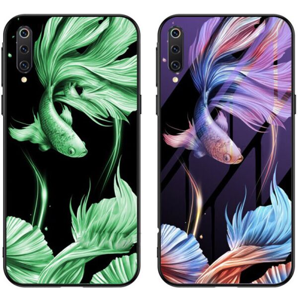 

TPU+Glass чехол светящийся в темноте для Xiaomi Mi 9 Pro Рыбка / Фиолетовый