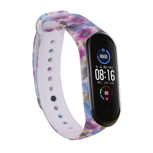 

Силиконовый ремешок с рисунком для Xiaomi Mi Band 5 / 6 Фиолетовые цветы / Бежевый