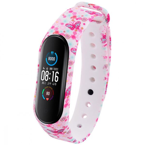 

Силиконовый ремешок с рисунком для Xiaomi Mi Band 5 / 6 Розовые бабочки / Белый