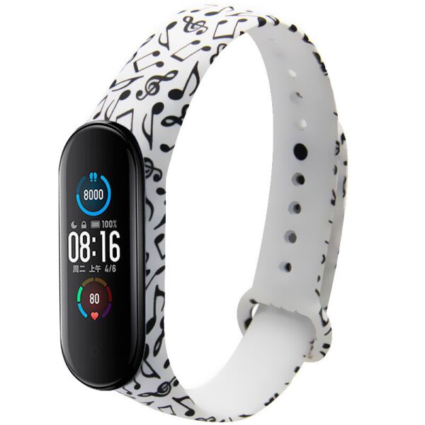 

Силиконовый ремешок с рисунком для Xiaomi Mi Band 5 / 6 Ноты / Белый