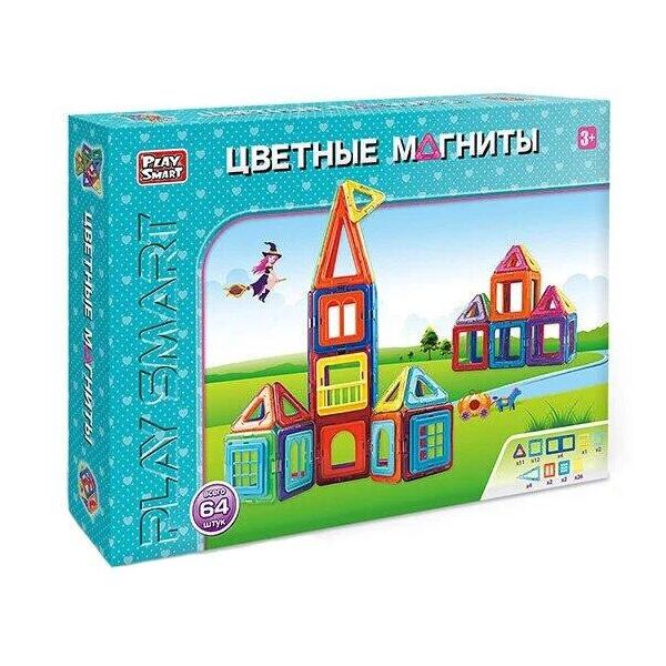 

Детский магнитный конструктор Play Smart 2464 Цветные магниты 64 детали